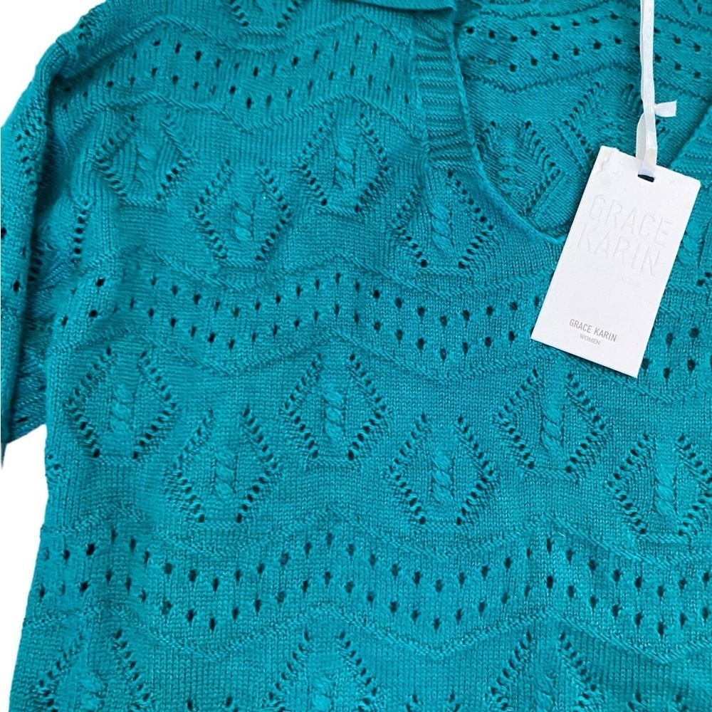 Grace Karin Womens Lightweight Collared Sweater NWT Size L Blue Green - Picture 4 of 8